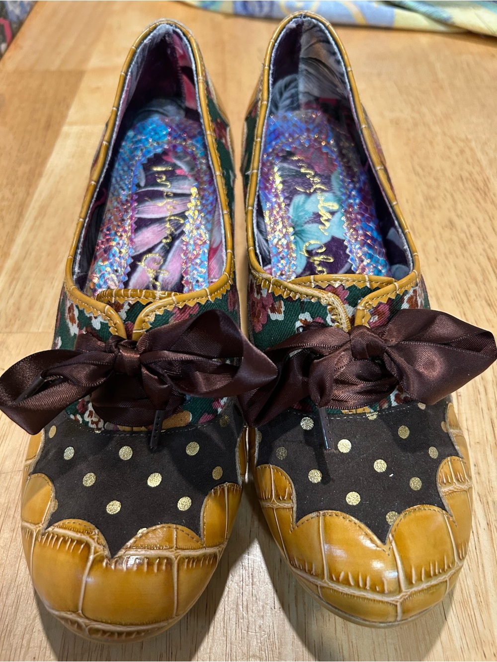Irregular Choice Floral Polka Dot Bow Flats in Brown, Mustard & Green